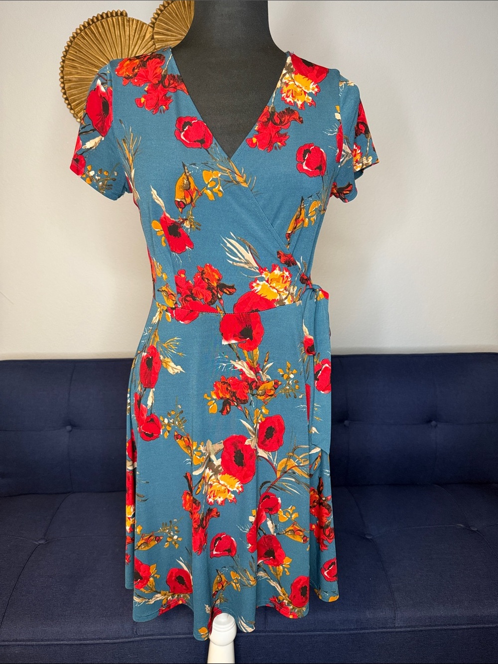 Kaileigh Teal Faux Wrap Dress with Red Floral Bloom Print sizeSmall